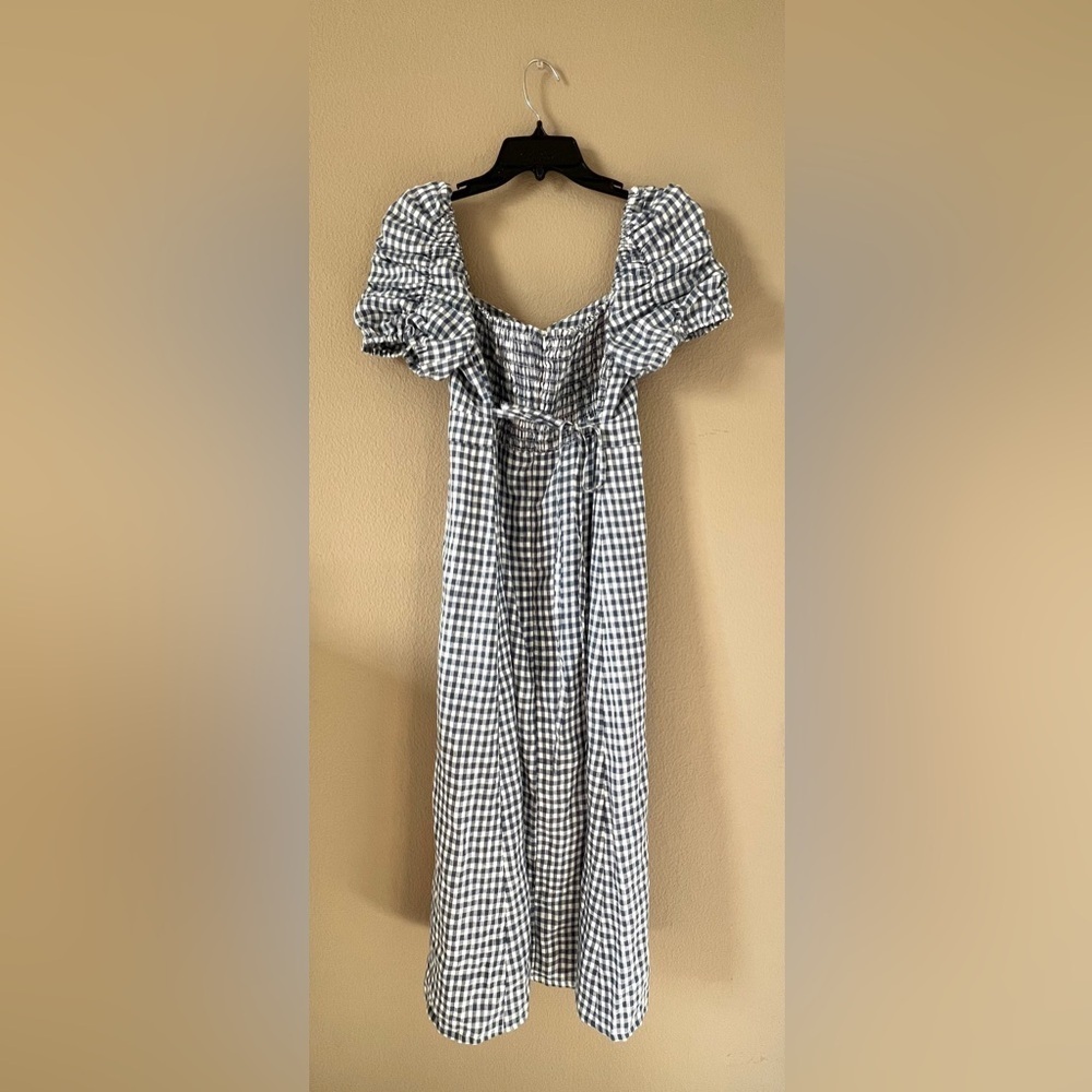 Emerson Fry 100% Linen Gingham Gathered Sleeve Dress - Picture 10 of 14